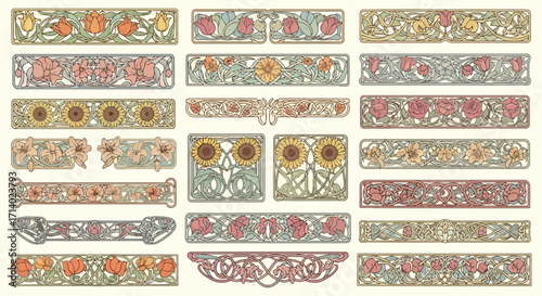 Vector art of assortment of decorative floral borders and elements in vintage style