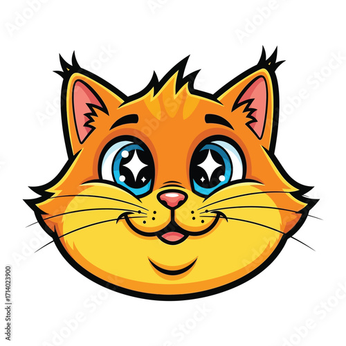 Cheerful Feline Portrait: An adorably expressive cartoon cat head radiates pure joy and happiness. With bright, sparkling eyes and a playful grin.