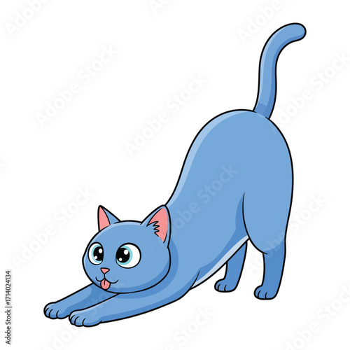 Playful Feline: A charming illustration captures a vibrant blue cat stretching with an energetic expression and its tongue playfully extended, capturing the essence of feline agility and charm.