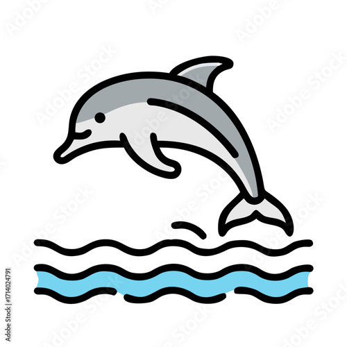 Cartoon dolphin jumping above wavy water line on transparent background