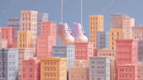 Pastel Sneakers Hanging Above a Colorful Cityscape