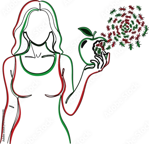 A woman holding an apple with a swarm of insects coming out of it, in a minimalist line art style isolated on white background