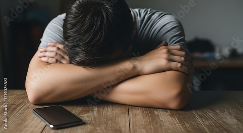 A person sits with their head down on their arms, a smartphone lies on the table in front of them, conveying a sense of sadness or despair.