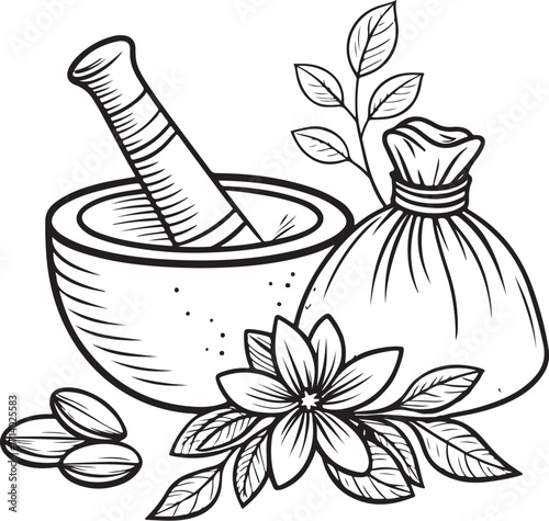 Herbal compress for SPA Massage Hand-drawn Sketch Drawing Engraving Black and White Vector Illustration Line Linear Art Outlined