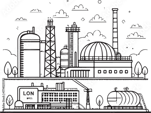 LNG (liquefied natural gas) plant Hand-drawn Sketch Drawing Engraving Black and White Vector Illustration Line Linear Art Outlined