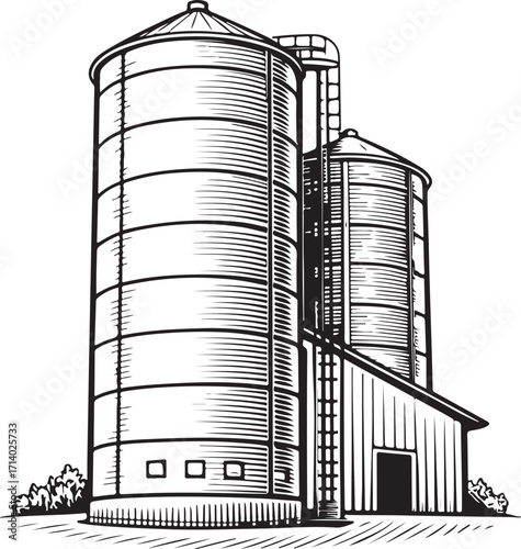 Silo Hand-drawn Sketch Drawing Engraving Black and White Vector Illustration Line Linear Art Outlined