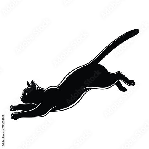 Black Cat in Motion: A sleek silhouette of a black cat gracefully leaps, embodying agility and elegance in a minimalist artistic depiction.