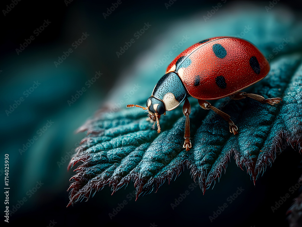 Fototapeta premium Close - up of ladybug on leaf, natural insect ecological element