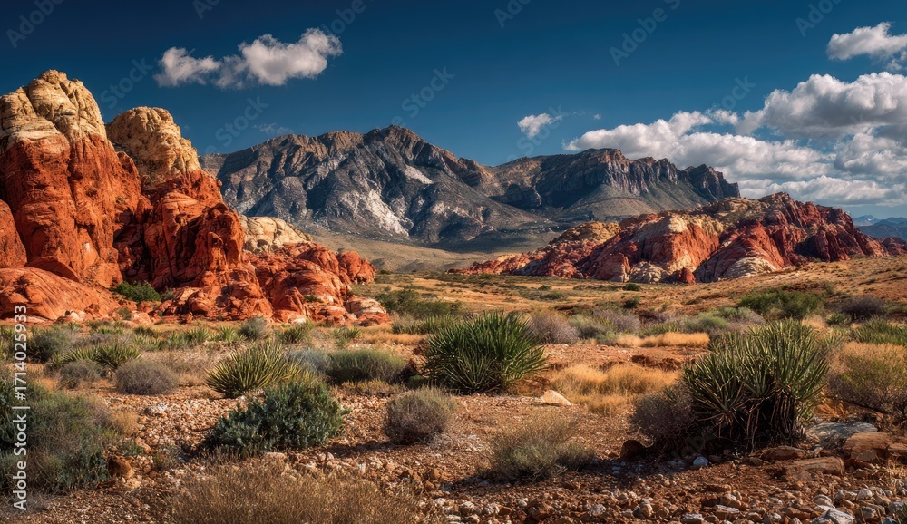 Fototapeta premium Desert landscape, vibrant red rock formations. Vast, arid valley, mountains beyond