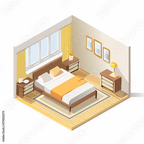 Vector design of bedroom with green plants and elegant bed arrangement.