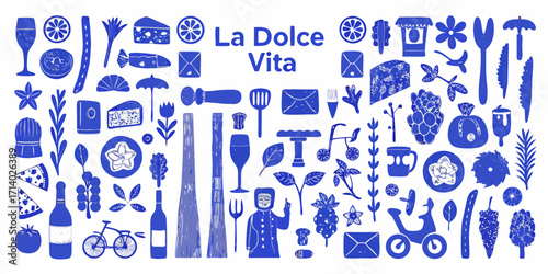 La dolce vita italian lifestyle collage featuring food drinks and travel icons in blue