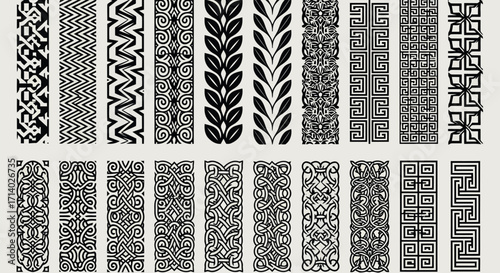 Vector art of assortment of decorative vertical ornamental border patterns in black