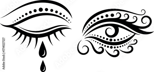 Vector art of stylized black ink drawing of a crying eye and a decorative eye