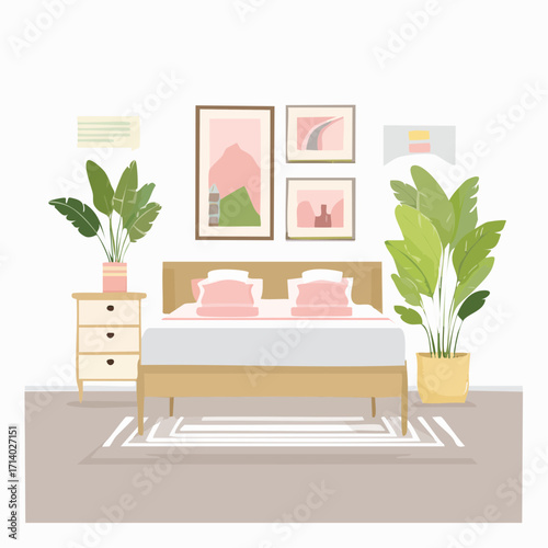 Contemporary bedroom interior with plants, frames, and soft bedding.
