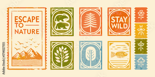 Collection of artistic nature inspired stamps with icons of animals trees plants and mountains