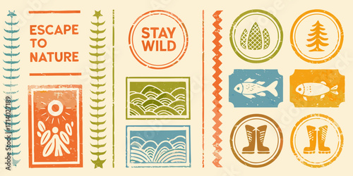 Escape to nature stay wild collection of rustic outdoor themed illustrations and stamps