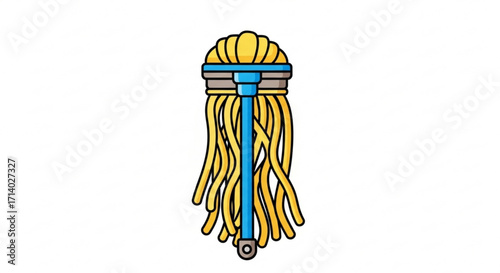 Cartoon mop with yellow strands and blue handle, representing cleaning equipment for household chores and maintenance