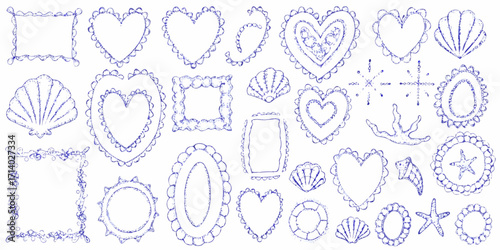 Collection of hand drawn blue ink frames and nautical elements including hearts shells and starfish