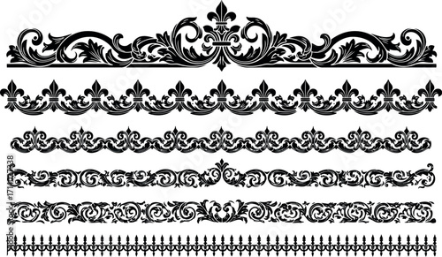 Vector art of collection of ornate black and white decorative border and divider designs