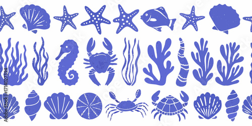Seamless pattern of blue marine life and sea elements on a white background