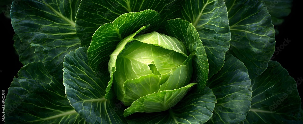 Obraz premium the fresh green cabbage head with crunchy leafy layers and vibrant leaves
