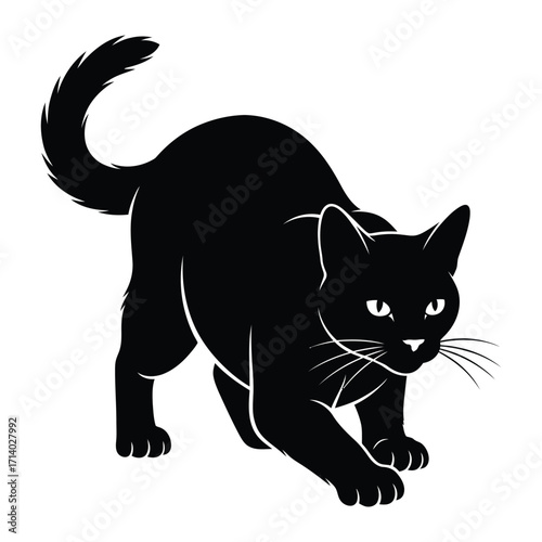 Mysterious Black Cat: An illustration depicts a sleek, black cat in a dynamic pose, its silhouette showcasing the animal's grace and allure. A perfect image for any project.