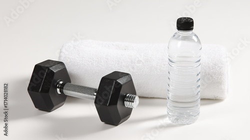 Black dumbbell and water bottle on white towel.

