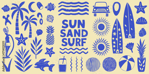 Vibrant blue summer beach icons and text sun sand surf on a light yellow background