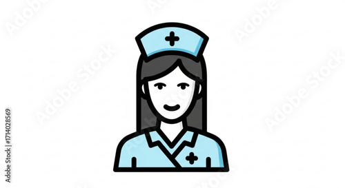 Illustration of a female nurse wearing a blue uniform and cap with a cross, a healthcare professional