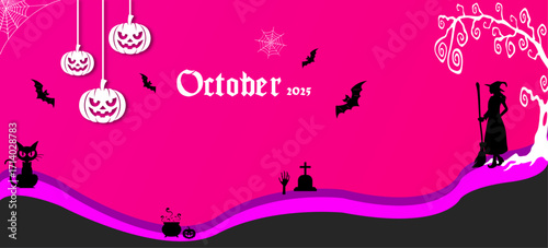 Halloween October 2025 calendar background with spooky pumpkins, bats, witch hat and creepy design in festive pink theme, perfect for holiday template, seasonal wallpaper and celebration banner