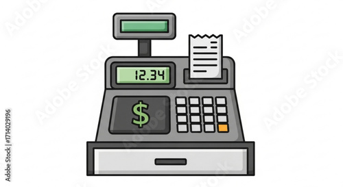 Illustration of a gray cash register with a green display showing 1234, a dollar sign, and a receipt