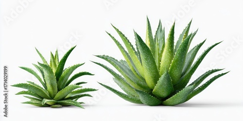Two vibrant aloe vera plants against a white background