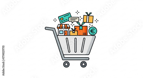 Shopping cart filled with goods, representing online commerce, retail, and the convenience of purchasing various items