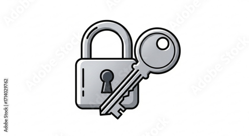 Illustration of a silver padlock with a key, representing security, privacy, and protection vector design