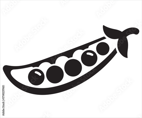 Black silhouette of pea pod with peas icon isolated on white background, minimalist vector illustration representing vegetable, healthy food, nutrition, agriculture, organic, farm product, and plant-b