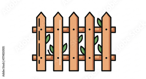 Illustration of a wooden fence with green leaves, creating a rustic and natural boundary