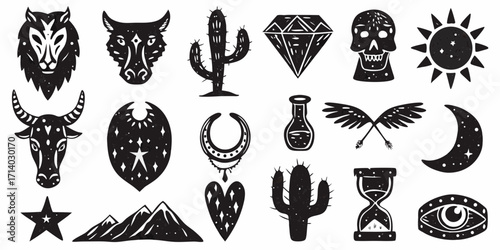 Collection of black and white graphic symbols including animals celestial bodies and mystical objects