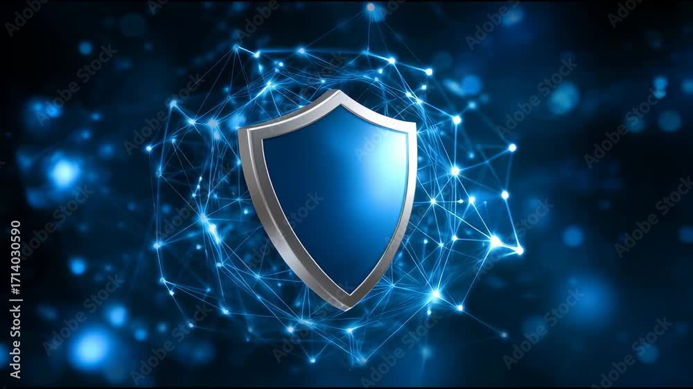 Futuristic digital silver coin for global cryptocurrency finance technology secure token protected by shield on vast network connection for total data privacy