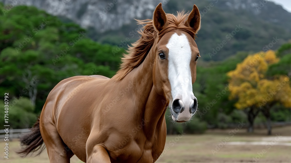 Obraz premium Graceful Chestnut Horse Galloping Along a Scenic Landscape with Lush Greenery