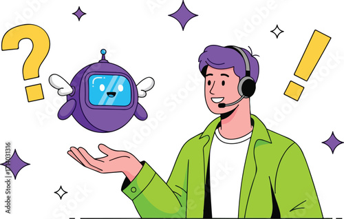 Customer service agent with robot assistant isolated on white background