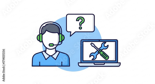 Illustration of tech support, showcasing assistance with a laptop, question mark, and headset for customer service