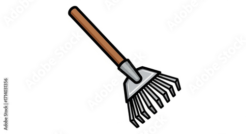 Illustration of a garden rake with a wooden handle and metal tines, , used for gathering leaves and debris in the yard