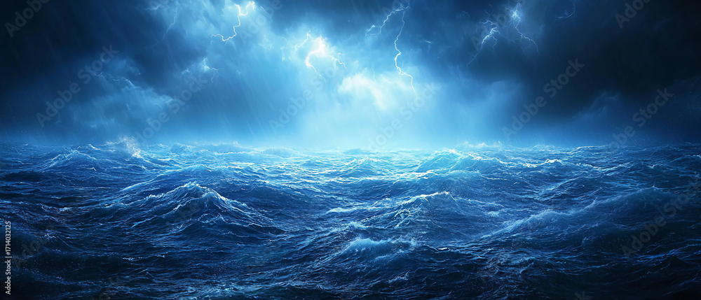 Fototapeta premium A dramatic seascape with tumultuous waves and dark storm clouds illuminated by flashes of lightning.