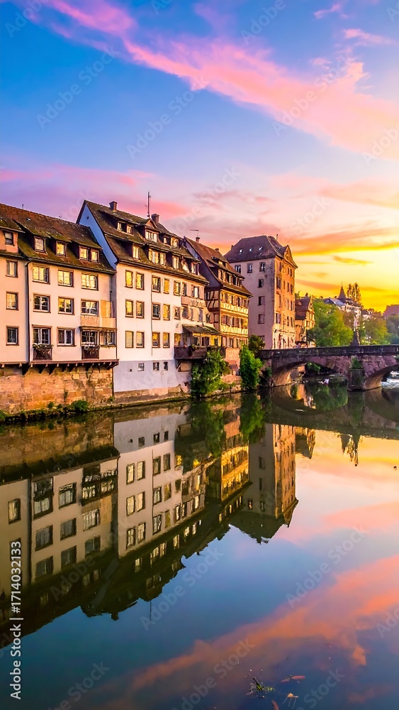Obraz premium City reflected in a calm river at sunset