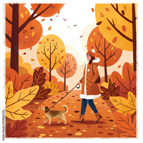 Flat 2D vector illustration: A person walks their dog on a leash through a path vibrant with colorful autumn foliage, wearing a trendy fall coat and boots against a white background.