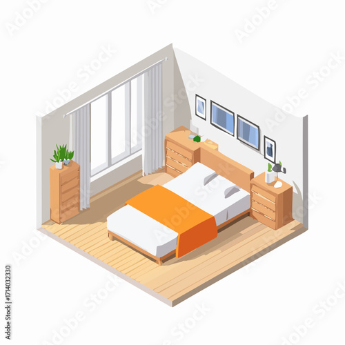 Modern isometric bedroom view with bed, lamp, and framed pictures.