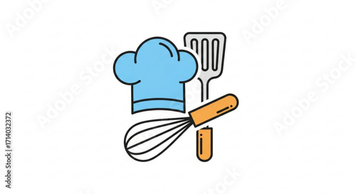 Chef hat, whisk, and spatula cooking and kitchen utensils concept restaurant, cafe, and culinary equipment icon