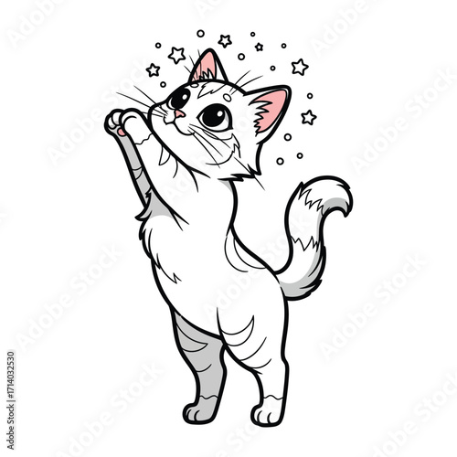 Whimsical Cat and Stars Illustration: A cute cat with a hopeful gaze reaching toward floating stars, in a whimsical illustration that captures innocence and joy.