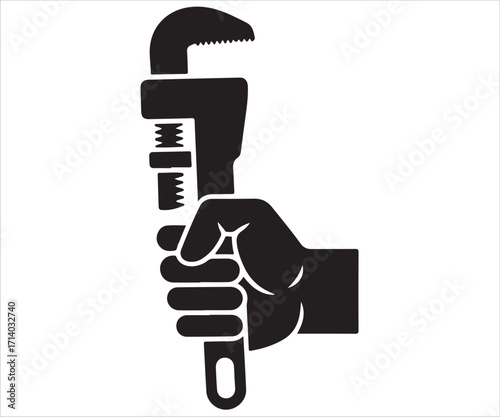 Black silhouette of hand holding wrench tool icon isolated on white background, minimalist vector illustration representing repair, construction, plumbing, maintenance, mechanic, industry, and labor s
