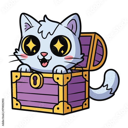 Curious Kitten and Treasure: A playful cartoon cat with sparkling eyes peers out from an open treasure chest, evoking a sense of wonder and delight.